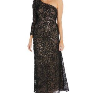 R&M Richards Black Nude One Long Sleeve Floral Lace Sequin Gown